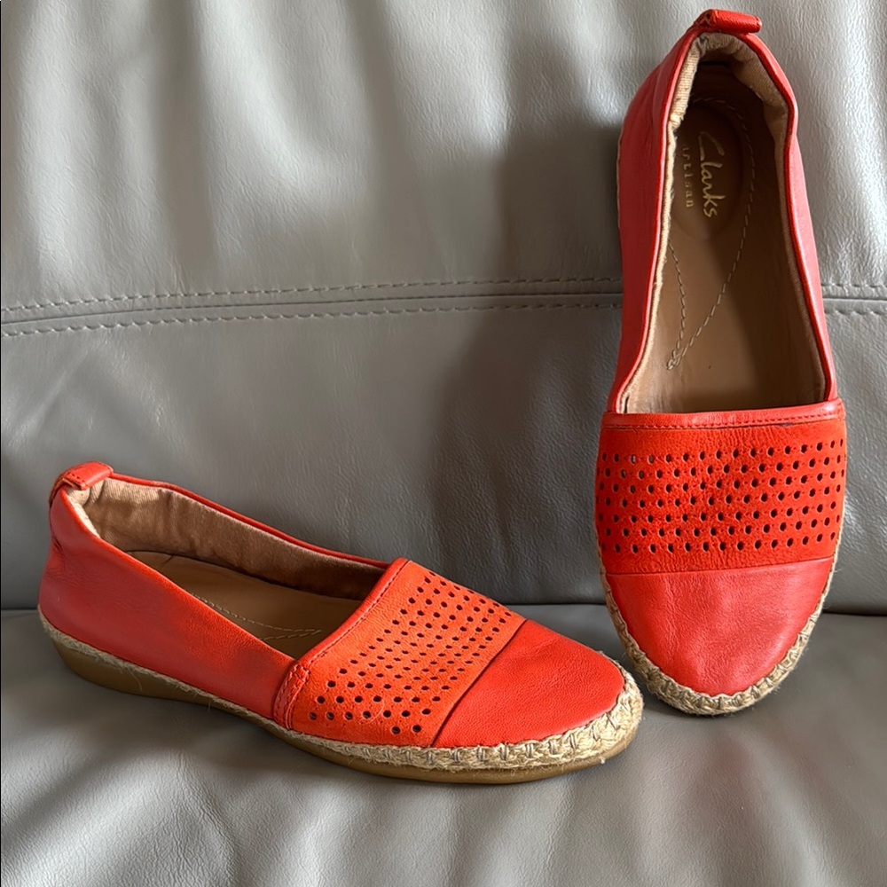 Clarks Orange Leather Espadrille Flats 6.5
